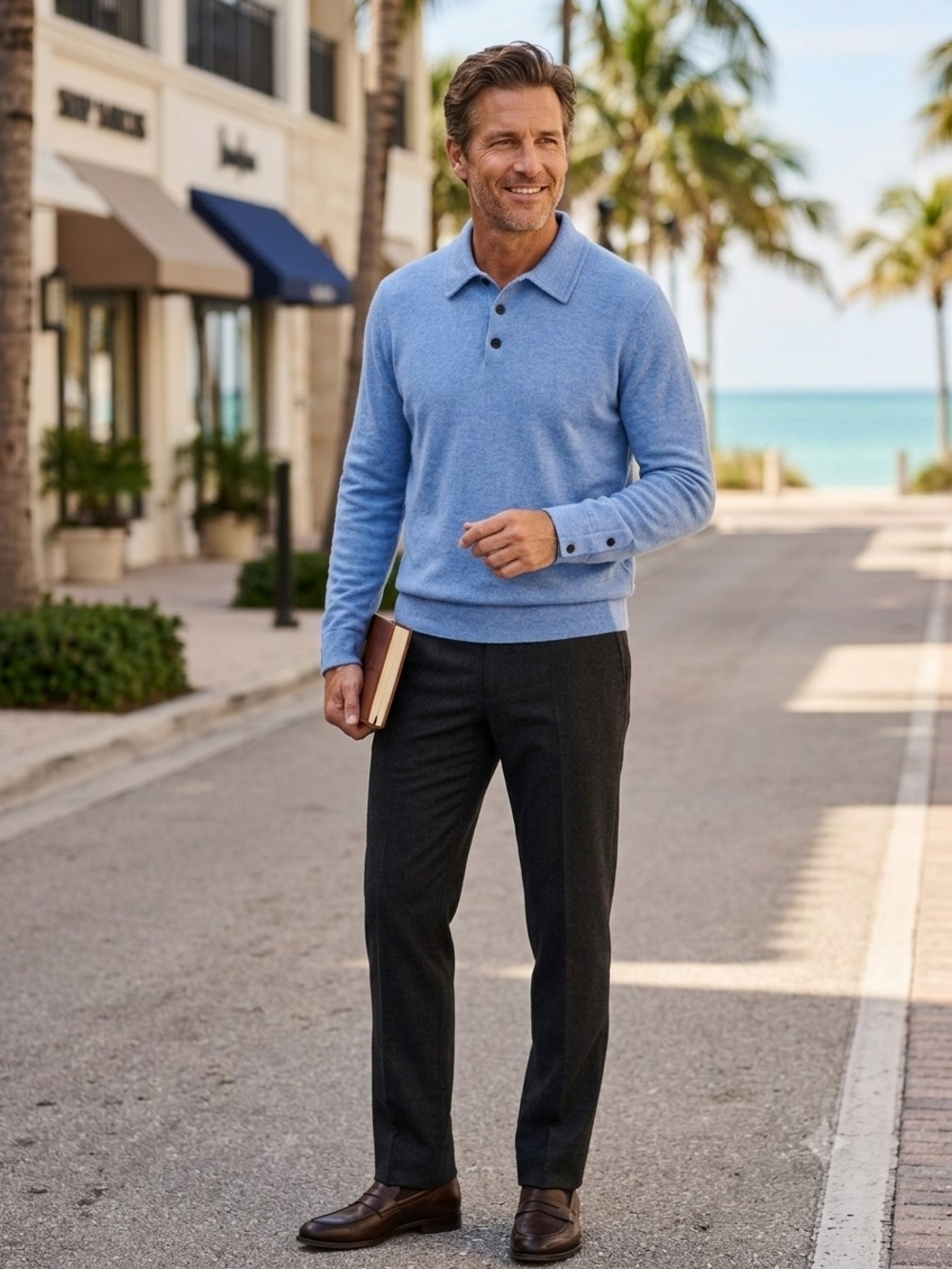 Neiman Marcus Cashmere Polo Sweater Men XXL Light Blue Button Cuff Long Sleeve